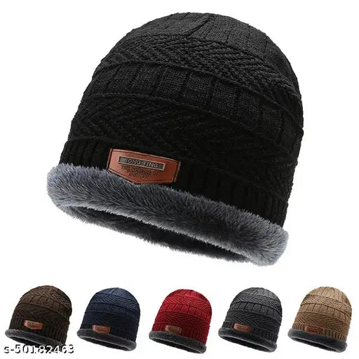 Black acrylic unisex beanie, wind-proof and snow-proof with fur lining for warm winter wear