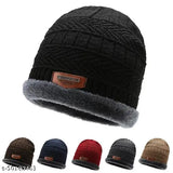 Black acrylic unisex beanie, wind-proof and snow-proof with fur lining for warm winter wear