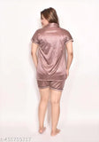 Fashionable satin nightwear set for women, includes short shirt, shorts, and pyjama pants, plus satin eye mask - India-made luxury sleepwear