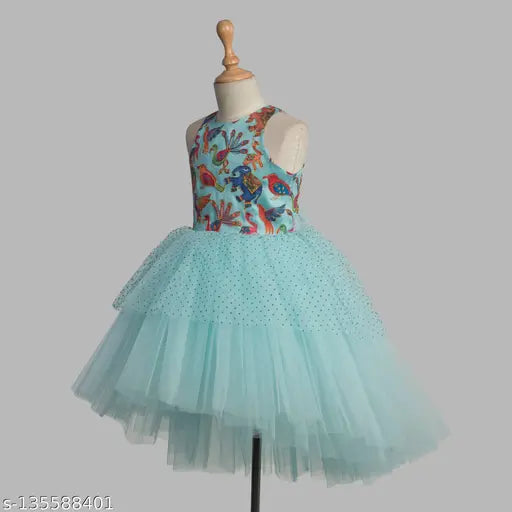 Sky blue animal print girls dress with golden work & hi-low skirt, Indian net fabric for 1-2 year old party wear