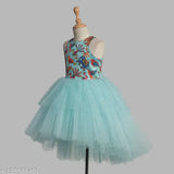 Sky blue animal print girls dress with golden work & hi-low skirt, Indian net fabric for 1-2 year old party wear