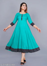 Aqua Blue rayon printed round pleated flared kurti, 3/4 sleeve length, hand wash or machine washable