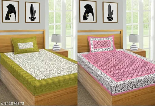 Multicolor Jaipuri print cotton bedsheet with 2 pillow covers, 180 thread count by VNV Creation for summer single bed use