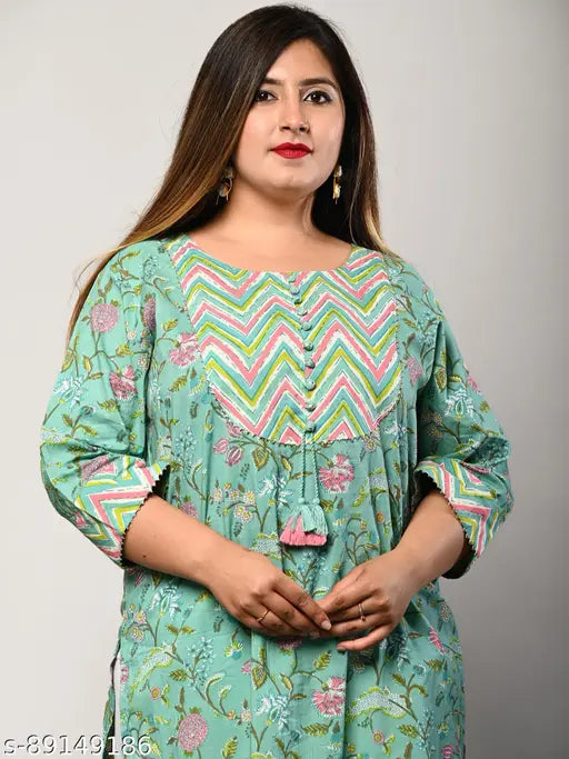 Plus size women's floral print cotton kurta, three-quarter sleeves, pure cotton, India origin