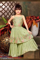 Pastel green georgette palazzo suit for girls, embroidered anarkali top with dupatta, sizes 1-15 years, Indian wedding wear on display