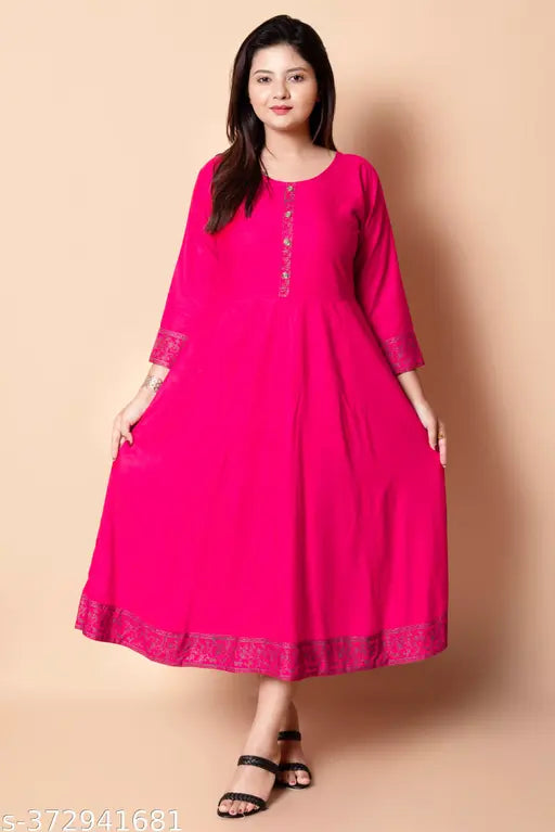 Pink rayon Anarkali Kurta with embroidery, three-quarter sleeves, perfect for women's wardrobe refresh