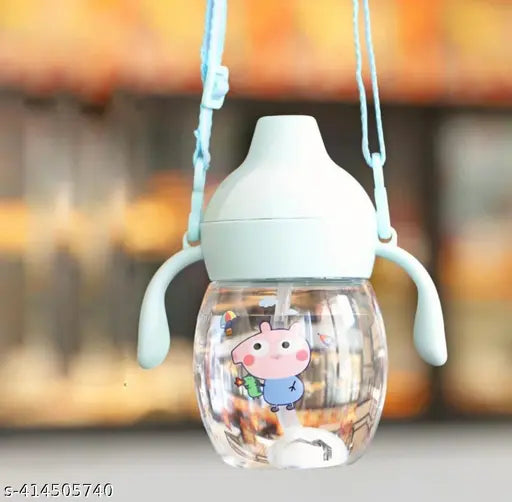 Blue plastic kids sipper bottle with spill-proof design, secure grip handle, adjustable strap, and easy-to-clean spout for mess-free hydration on-the-go. BIS/ISI certification not provided