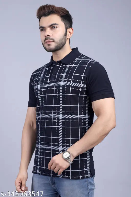 Men's cotton short-sleeved polo shirt with printed design, featuring size S, M, L, XL, XXL, and XXXL. Made in India