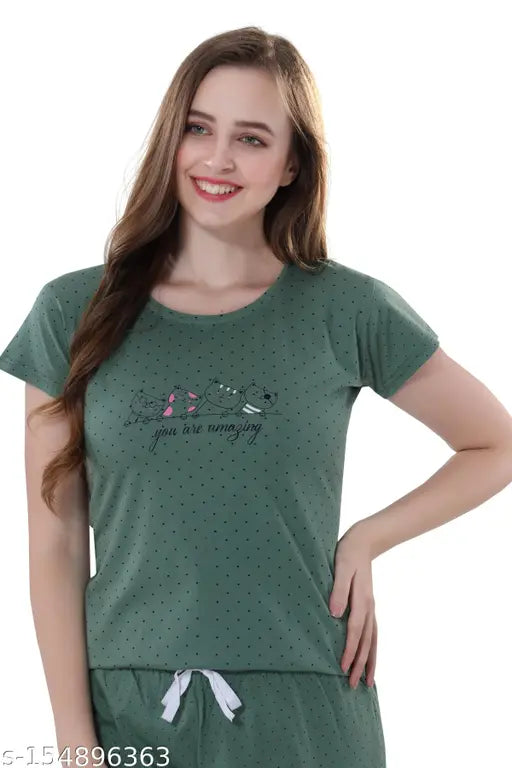 Women's hosiery nightdress set, solid-colored CapriNightsuit for girls wear, soft and comfortable Indian made sleepwear