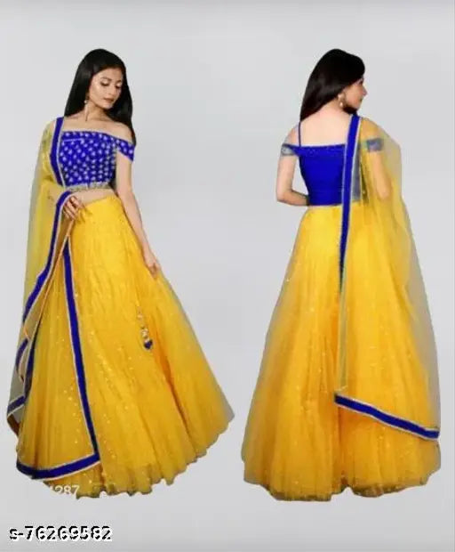 Yellow mirror work net semi-stitched lehenga with embroidered blouse and lace dupatta, Indian bridal wear on display stand