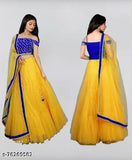 Yellow mirror work net semi-stitched lehenga with embroidered blouse and lace dupatta, Indian bridal wear on display stand