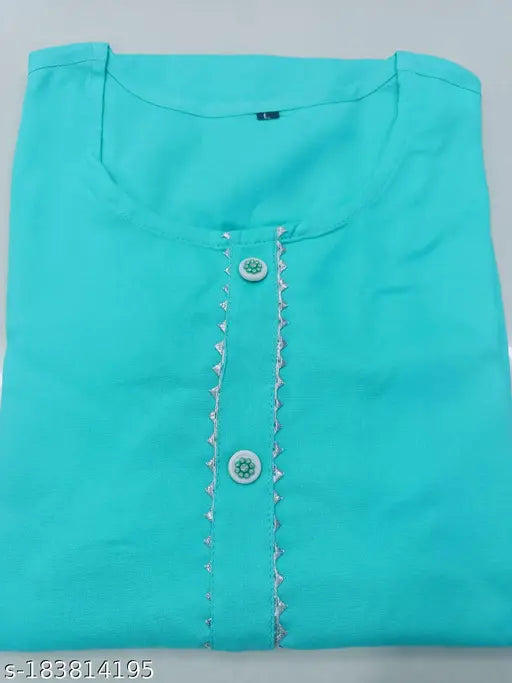 Sky blue Solid Straight Kurta, Rayon fabric with Gota work, size S-XXL