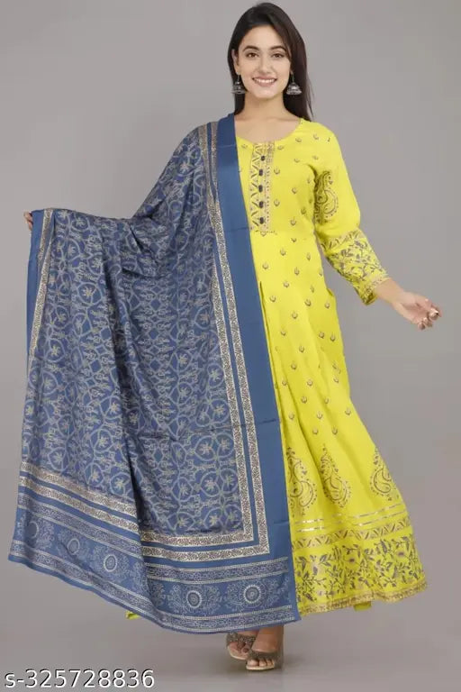 Rayon Anarkali long kurti with dupatta, printed three-quarter sleeve, women's fashion from India