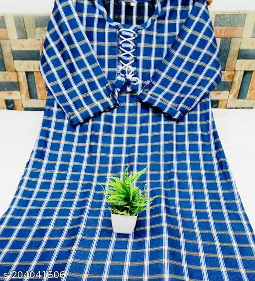 Royal Blue Woolen Checked Kurti, three-quarter sleeves, women's ethnic wear for home & parties