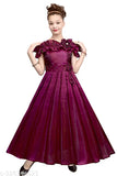 Purple silk blend sleeveless full-length gown, intricate applique design for girls (6-7 years to 11-12 years), luxurious blackberry silk, versatile elegance for parties or casual wear