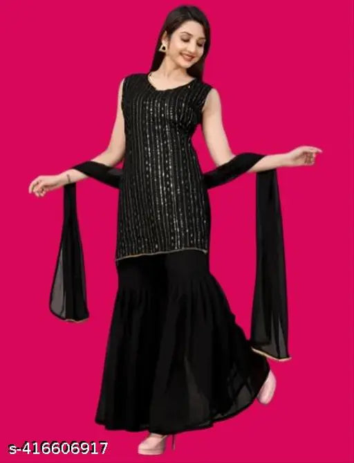 Women's formal black embroidered faux georgette ensemble, includes kurta with sharara and dupatta stitched
