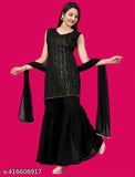 Women's formal black embroidered faux georgette ensemble, includes kurta with sharara and dupatta stitched