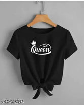 Black lycra crop top with queen printed design, short sleeves, size S-XL