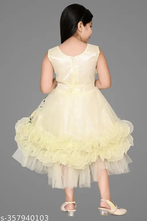 Embroidered net floral print frock for girls, sleeveless fit and flare design