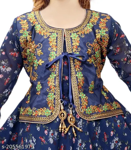 Embroidered crepe frock jacket dress for kids girls, printed pattern on net background, three-quarter sleeve length, size 7-8 years, 8-9 years, 9-10 years. Made in India