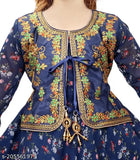 Embroidered crepe frock jacket dress for kids girls, printed pattern on net background, three-quarter sleeve length, size 7-8 years, 8-9 years, 9-10 years. Made in India