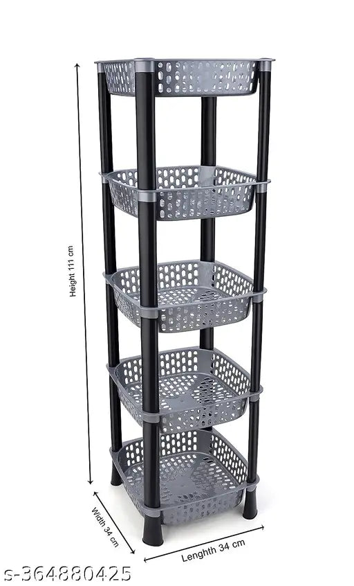 Grey plastic kitchen trolley with dish rack, 5-layer fruit & vegetable storage organizer stand, grey