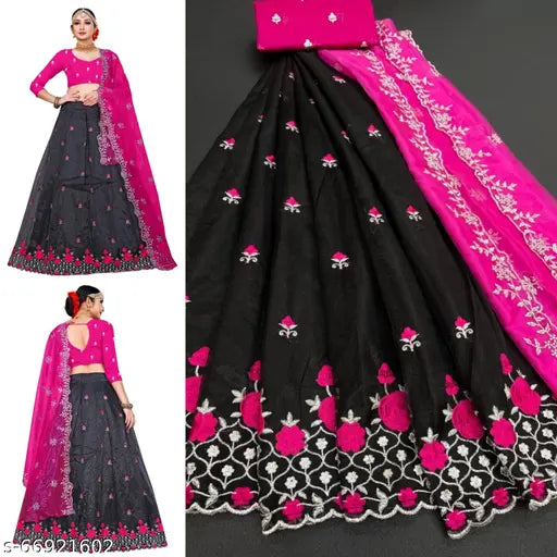 Embroidered dupion silk lehenga choli with net dupatta, semi-stitched in heavy thread work, Indian craftsmanship