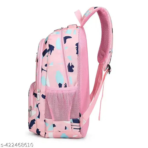 Pink fabric net backpack for girls & women, vibrant print design with multiple pockets and adjustable straps