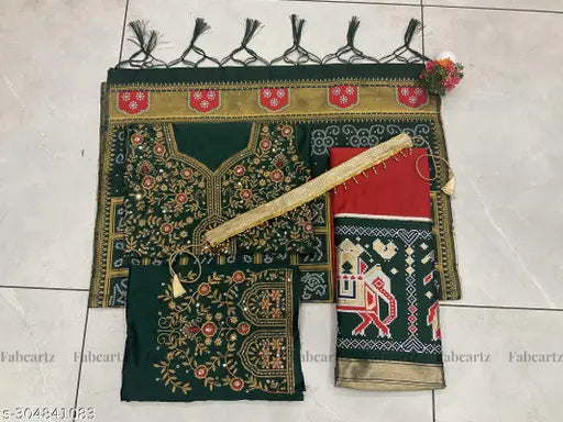 Unstitched Art Silk South Indian traditional half saree set, embroidered lehenga with Litchi Silk zari work, Ikat dupatta and tussle-trimmed belt