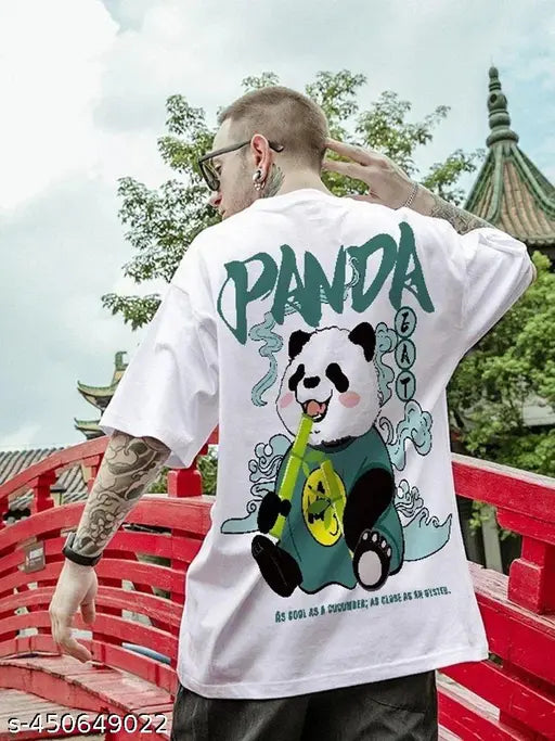 White cotton trendy panda western wear oversized round neck backprinted men's t-shirt with short sleeves, size M