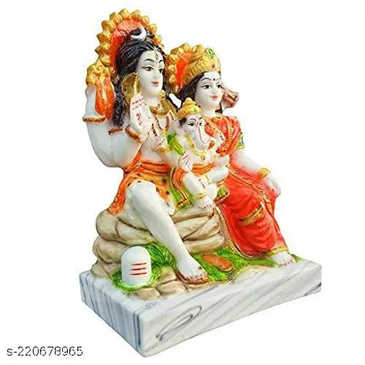 Multi-colored marble Shiva Parvati & Ganesha showpiece, 6-inch Indian decorative figurine