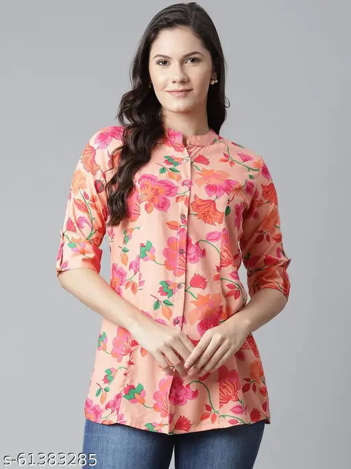 Peach floral print rayon top, semi-collared, three-quarter sleeves - Divena collection, office-appropriate fashion from India