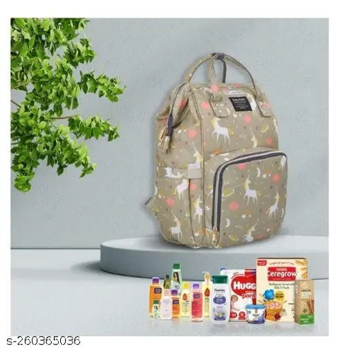 Diaper bag Maternity Travel Backpack, polyester net with 3-layered protection, waterproof & BPA free. Features 13 pockets, insulated milk bottle holders, dry & wet sections, anti-theft pocket, key chain clip, D-rings, adjustable straps, and care instructions include hand wiping with a damp cloth and mild cleanser. Indian origin