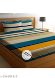 Striped superfine cotton fitted elastic double bedsheets with 2 pillow covers, ideal for summer adult use