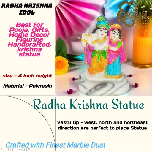 Marble Radha Krishna murti statue, handcrafted Indian artistry, 7cm L x 5.5cm W x 10.5cm H, decorative showpiece or pooja mandir accessory