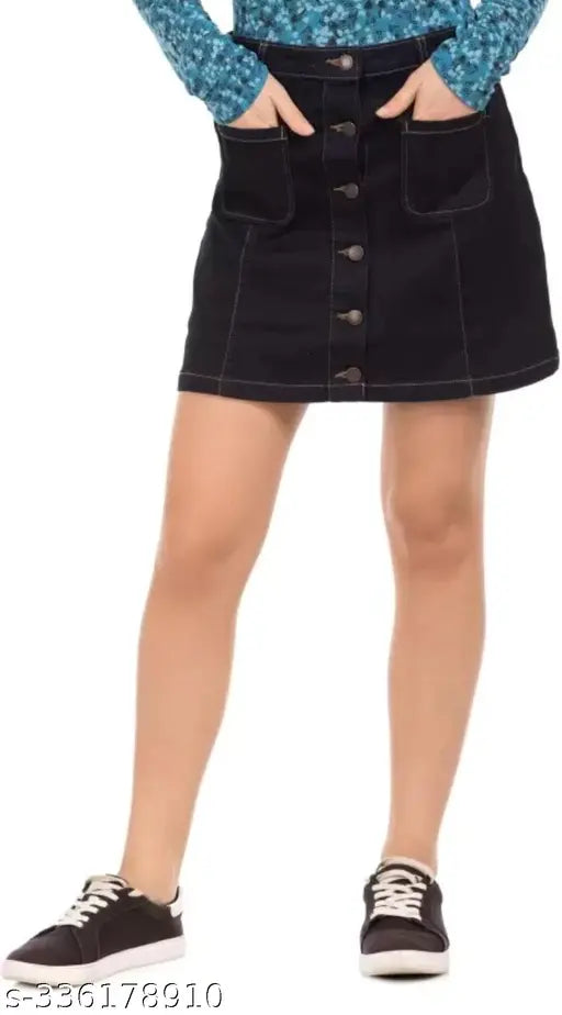 Washed black denim mini skirt, lightweight and breathable, solid pattern, perfect fit for women of various sizes (26-46)