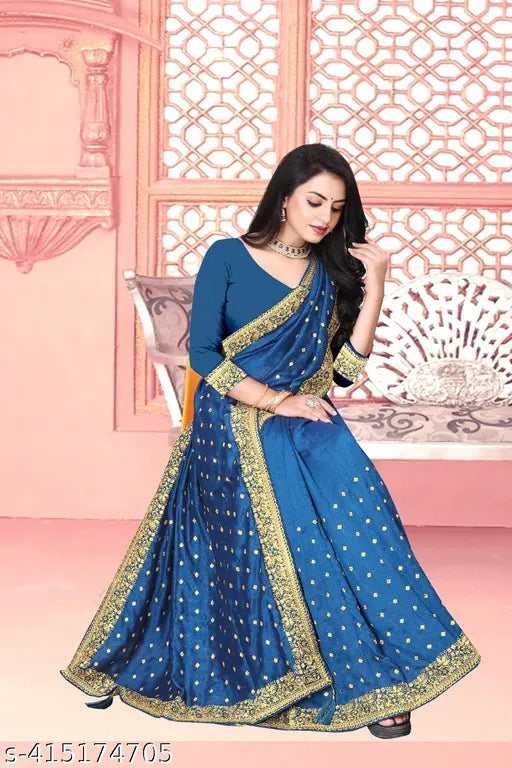 Vichitra Silk, Bangalore Silk embroidered saree with separate blouse, ready-to-wear in free size, Indian origin