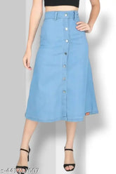 Aqua Lite denim skirt, trendy for cute women in sizes 28, 30, or 32. Solid front, made in India
