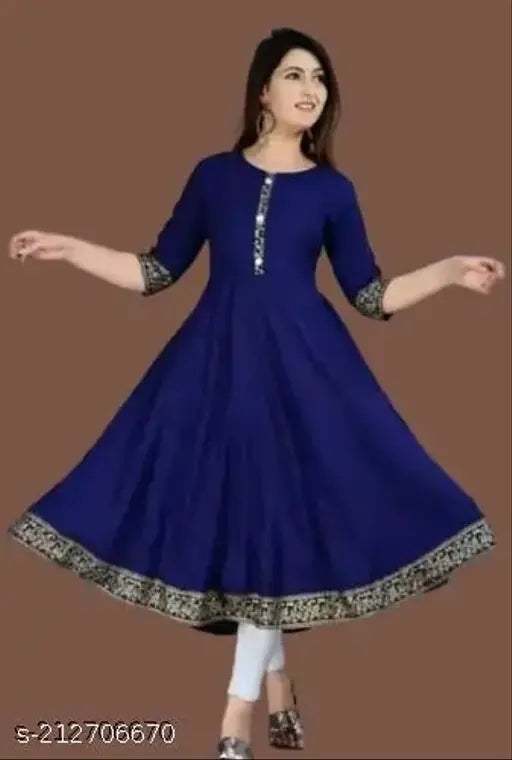 Blue rayon Anarkali kurti with lace border, three-quarter sleeves and chhaya fashion print, daily wear ethnic women's clothing from Jaipur, India