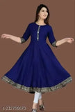Blue rayon Anarkali kurti with lace border, three-quarter sleeves and chhaya fashion print, daily wear ethnic women's clothing from Jaipur, India