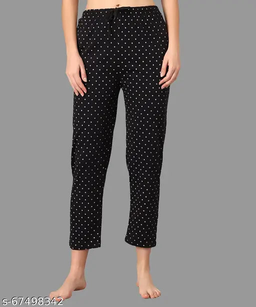 Black cotton pyjama night dress for women and girls (Pack of 1), printed with a casual design, perfect for lounge wear, sleepwear, yoga, or jogging. Soft cotton fabric with an elasticated waistband