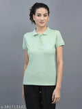 Green cotton-blend Dollar Women's Solid Polo Neck T-shirt with embroidered logo, short sleeves, and easy pull-on clasp