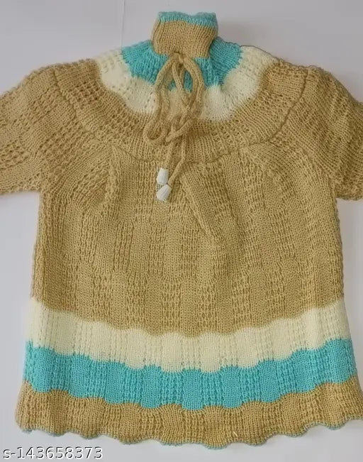 Handmade wool striped frock set for newborn girls, includes pyjama cap and booties. Indian craftsmanship