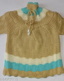 Handmade wool striped frock set for newborn girls, includes pyjama cap and booties. Indian craftsmanship