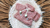 Lavender woolen faux fur baby jacket cape poncho with embellished net pattern, soft plush and pompoms design