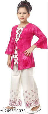 Traditional rayon kurti top and plazoo pants, solid pattern Indian outfit for kids aged 0-10 years
