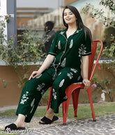 Green rayon night suit shirt with Pallazo, printed net design, short sleeves, pyjama bottoms