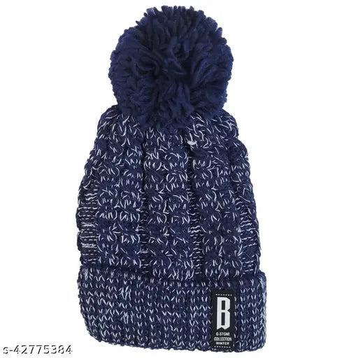 Navy wool beanie cap with fur interior and soft pompom - warm winter accessory, free size