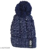 Navy wool beanie cap with fur interior and soft pompom - warm winter accessory, free size