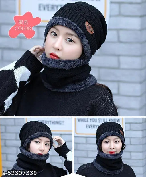 Black winter cap & scarf combo (Frackson). Premium imported, snow-proof woolen unisex beanie & scarf. Soft, anti-allergic, self-design. Perfect for women, girls. Cozy acrylic material. Made in China